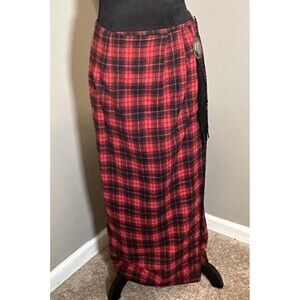 S.H.E. Southwestern Red Black Plaid Cotton Long Skirt Women’s 8 Leather Trim  C5